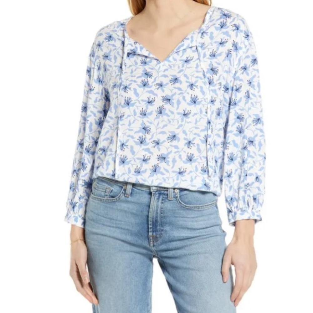 CASLON Floral Print Split Neck Shirt In Ivory- Blue Orchids, Large